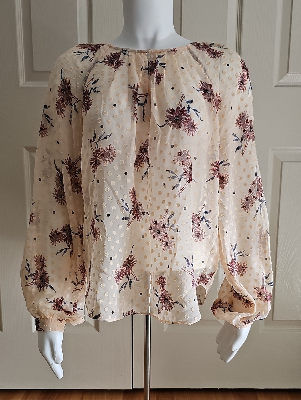 Joie Semi Transparent Blush Floral Swiss-Dot Peasant Blouse